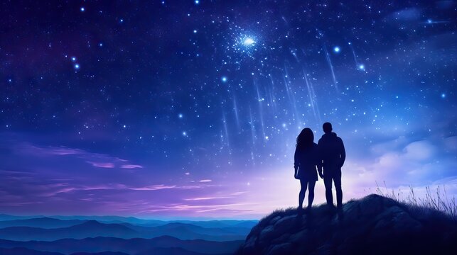 The dark silhouette of a young couple of hikers was standing at the top of the mountain looking at the stars in the twilight sky.