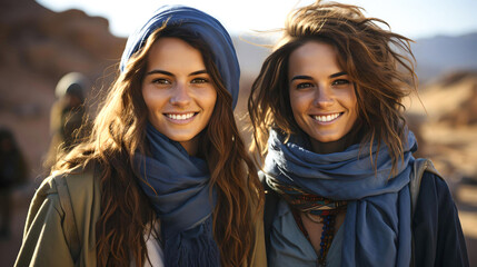 Arab women smiling and traveling through Morocco, concept of feminism and free women