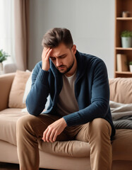Obraz premium man with cold symptoms, feeling unwell, constipated, headache, home interior background