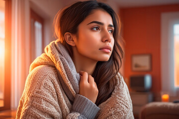 young latin, flu, worried, warm clothing, with cold symptoms, feeling unwell, constipated, headache, home interior background