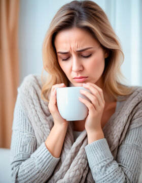 Woman with cold symptoms, feeling unwell, constipated, headache, home interior background