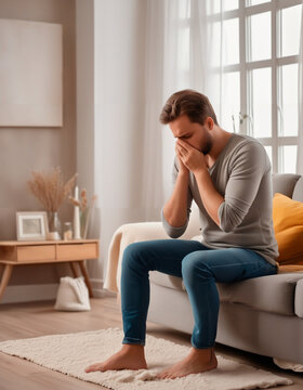 man with cold symptoms, feeling unwell, constipated, headache, home interior background