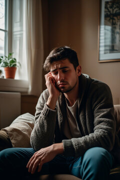 man with cold symptoms, feeling unwell, constipated, headache, home interior background