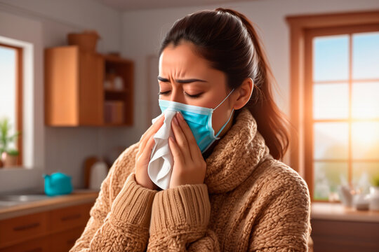 young latin, flu, worried, warm clothing, with cold symptoms, feeling unwell, constipated, headache, home interior background