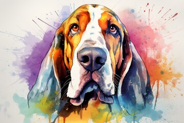Generative AI : Dog breed Basset Hound. The sticker on the wall in the form of a color art drawing of a portrait of a dog with watercolor splashes. - obrazy, fototapety, plakaty