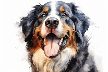 Generative AI : Bernese Mountain Dog watercolor portrait painting illustrated dog puppy isolated on white background