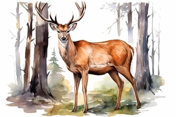 Generative AI : Deer. Hand drawn watercolor illustration. Isolated on white background
