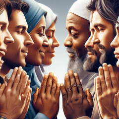 People from diverse religious backgrounds engage in interfaith dialogue, fostering peace and tolerance. Their faces reflect the mutual respect they share for humanity and each other's ... - obrazy, fototapety, plakaty