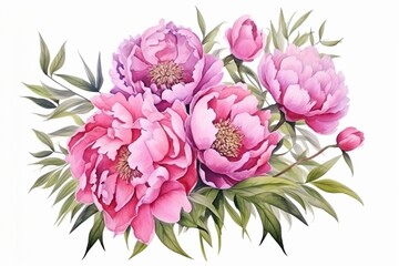 Generative AI : Hand drawn bouquet of pink flowers. Watercolor composition with peonies.