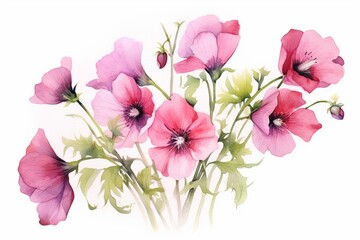 Generative AI : Watercolor botanical art summer pink flowers on white background
