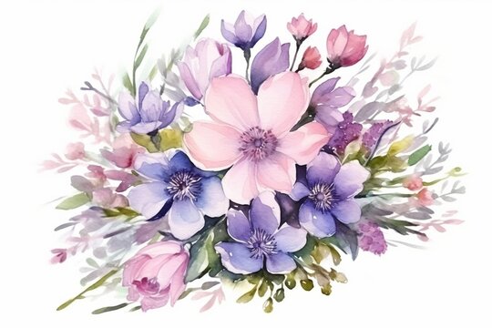 Generative AI : Bouquet of spring delicate watercolor flowers for wedding greeting card.