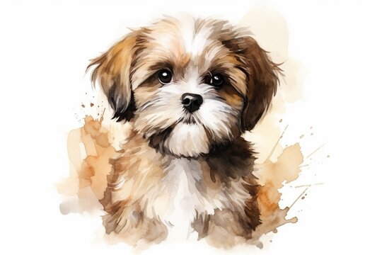 Generative AI : Shih tzu watercolor portrait painting illustrated dog puppy isolated on white background