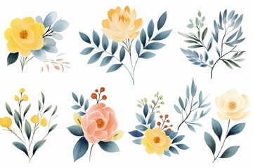 Generative AI : Watercolor floral bouquet illustration pink blue yellow flower green leaf leaves 