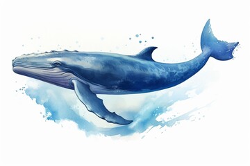 Generative AI : Watercolor style swimming blue whale with paint splash in the back on white background.