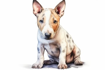 Generative AI : Miniature bull terrier watercolor portrait painting illustrated dog puppy isolated on transparent white background - obrazy, fototapety, plakaty