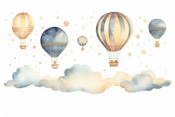 Obraz premium Generative AI : watercolor illustration - hot air balloons in the sky. Collection with retro airship.