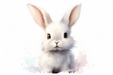Generative AI : Watercolor drawing. Bunny standing on its hind legs on a white background