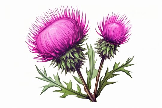 Generative AI : Thistle plant watercolor illustration. Hand drawn thistle pink flowers with green leaves element 