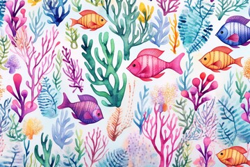 Generative AI : Watercolor style cute vibrant sea life with coral reefs, fish and marine creatures.