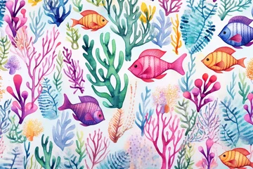 Papier Peint photo Lavable Vie marine Generative AI : Watercolor style cute vibrant sea life with coral reefs, fish and marine creatures.