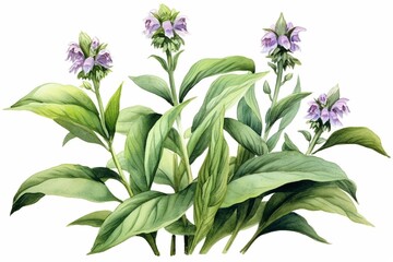 Fototapeta na wymiar Generative AI : Comfrey plant with leaves and flowers. Watercolor vintage style botanical illustration.