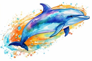 Generative AI : Watercolor style swimming dolphin on white background