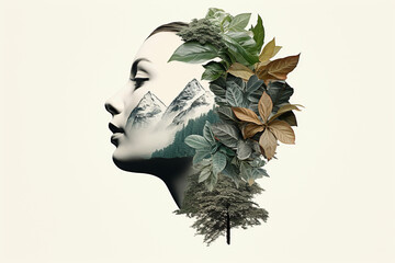illustration AI visage de femme avec décoration florale et montagne, portrait naturel de profil sur fond blanc - obrazy, fototapety, plakaty