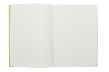 top view image of open notebook with blank page, spotted paper texture isolated on white background