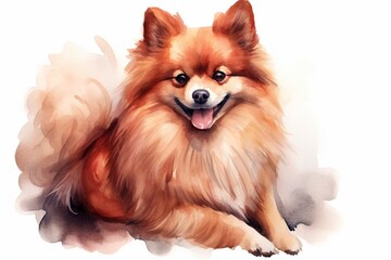 Obraz premium Generative AI : Watercolor illustrations of a red colored Pomeranian