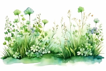 Generative AI : Green grass close up watercolor illustration. Lush grass - meadow element. 