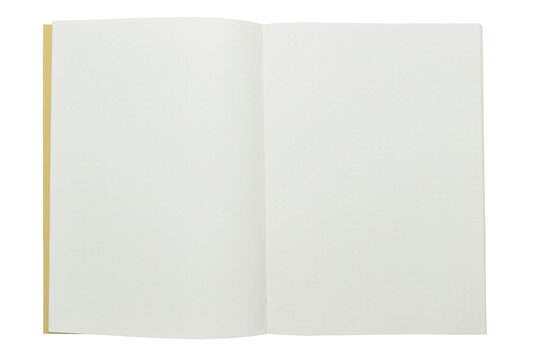 top view image of open notebook with blank page, spotted paper texture isolated on white background