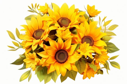 Generative AI : Sunflower and yellow flowers isolated in white background