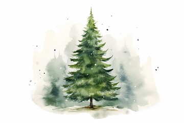 Generative AI : Hand drawn watercolor coniferous forest illustration, spruce. Winter nature, holiday background,