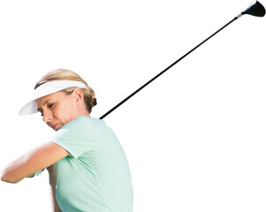 Digital png photo of focused caucasian female golf player during game on transparent background