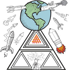 Digital png illustration of globe, rockets and triangles with human on transparent background