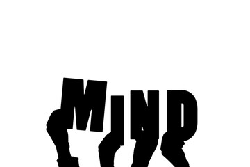 Digital png illustration of hands and mind text on transparent background