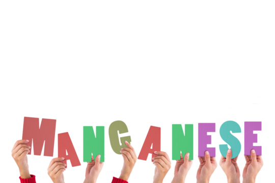 Digital png illustration of hands and manganese text on transparent background - Powered by Adobe