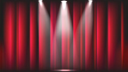 Stage with red closed curtain. Concert show backdrop with spotlight. Theater or cinema scene. Vector illustration design.