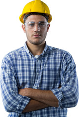 Digital png photo of serious caucasian worker in helmet standing on transparent background
