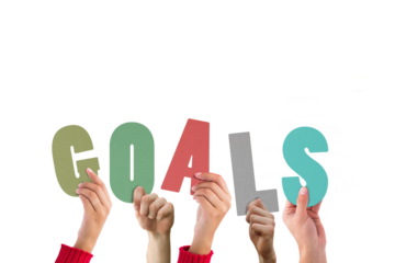 Digital png illustration of hands and goals text on transparent background