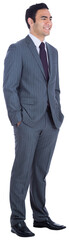 Digital png photo of happy biracial businessman with hands in pockets on transparent background