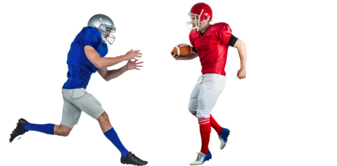 Digital png photo of two american football players with ball on transparent background