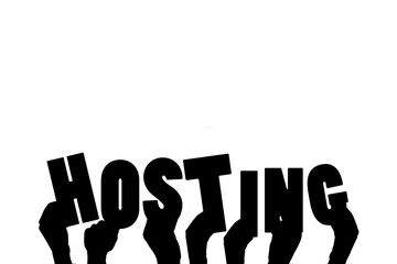 Digital png illustration of hands and hosting text on transparent background