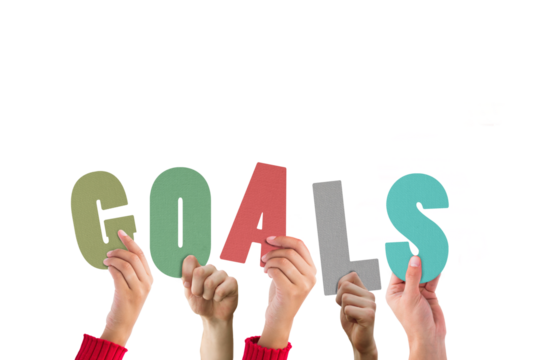 Digital png illustration of hands and goals text on transparent background