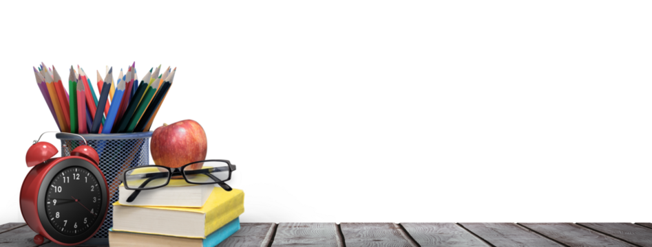 Digital png illustration of books,alarm clock, crayons and apple on transparent background