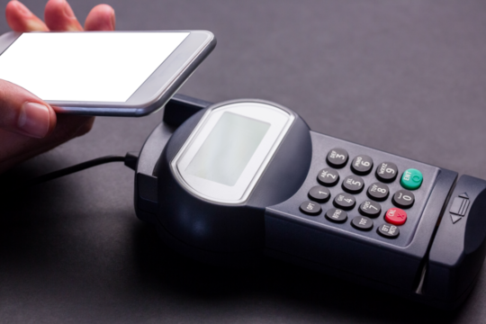 Digital png photo of hand making contactless payments on transparent background