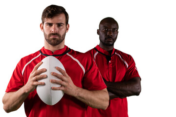 Digital png photo of two diverse rugby players with ball on transparent background