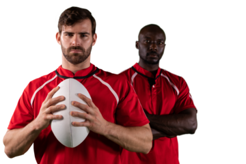 Digital png photo of two diverse rugby players with ball on transparent background