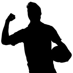 Digital png silhouette of rugby player with ball raising fist on transparent background