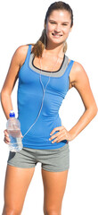 Digital png photo of happy caucasian woman in sportswear with headphones on transparent background